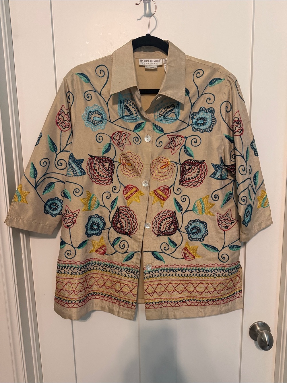 Vintage 90s Brownstone Studio Boho Embroidered Floral Button-Down Shirt Jacket